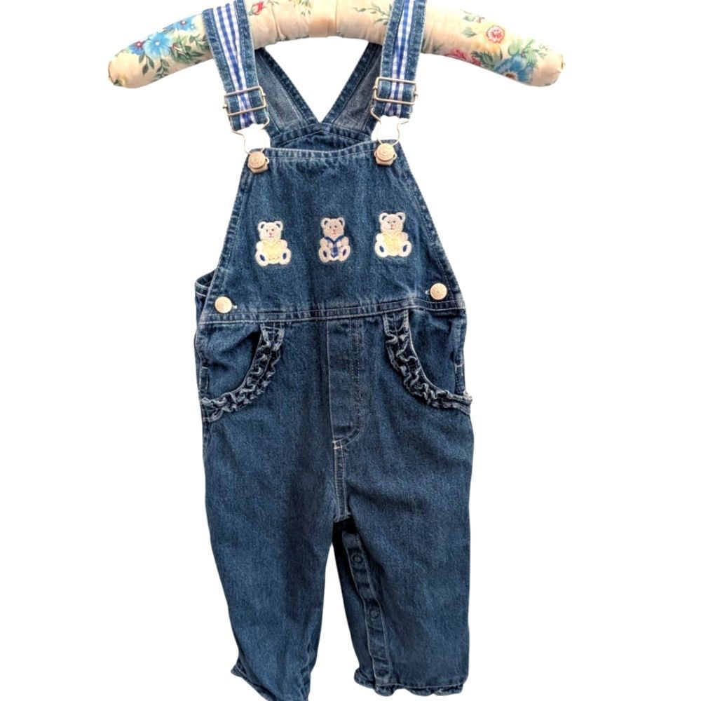 Vintage Infant Denim‎ Embroidered Teddy Bear Blue White Checkered Overalls